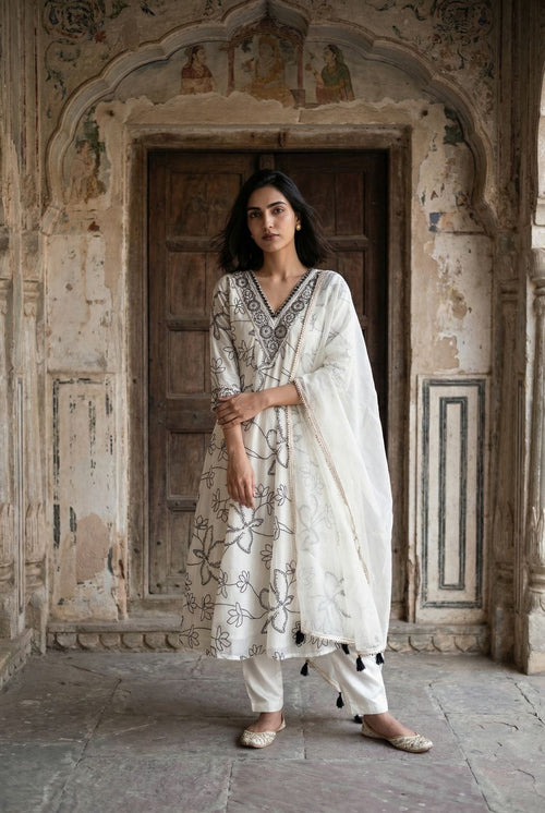 French Crepe Digital Printed Anarkali Kurti Pant Dupatta Set