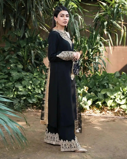 Georgette Zari Embroidery Stone neck work  kurti Pant Dupatta Set