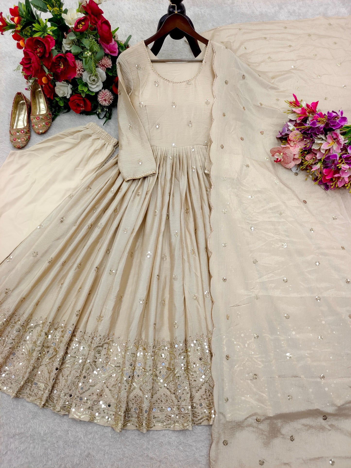 Chinon Silk Sequence Embroidery Work Designer Gown Pant Dupatta Set