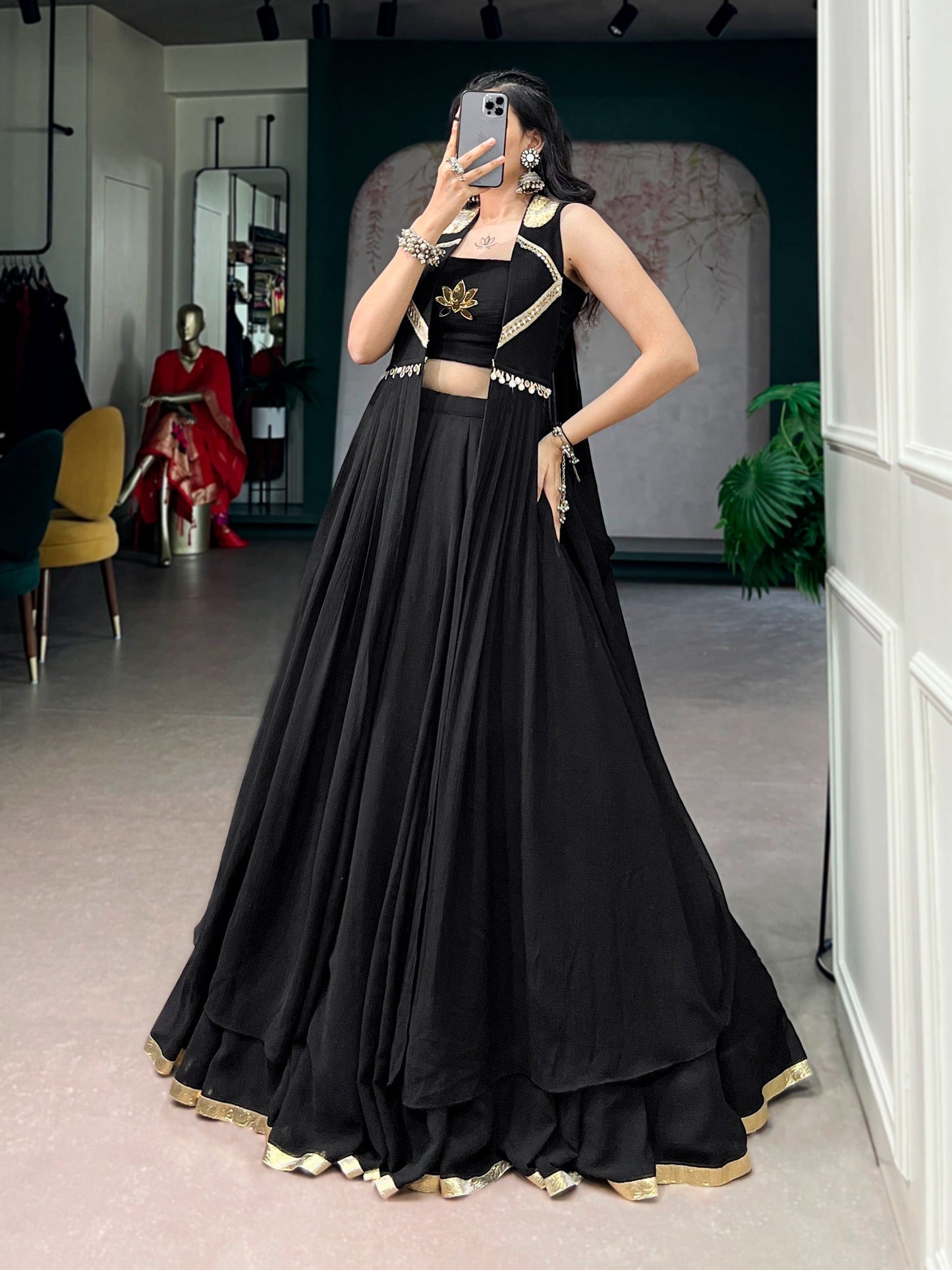 Lotus Handwork Designer Lehenga, Blouse & Long Jacket Set – Ready to Wear