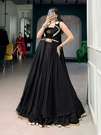 Lotus Handwork Designer Lehenga, Blouse & Long Jacket Set – Ready to Wear