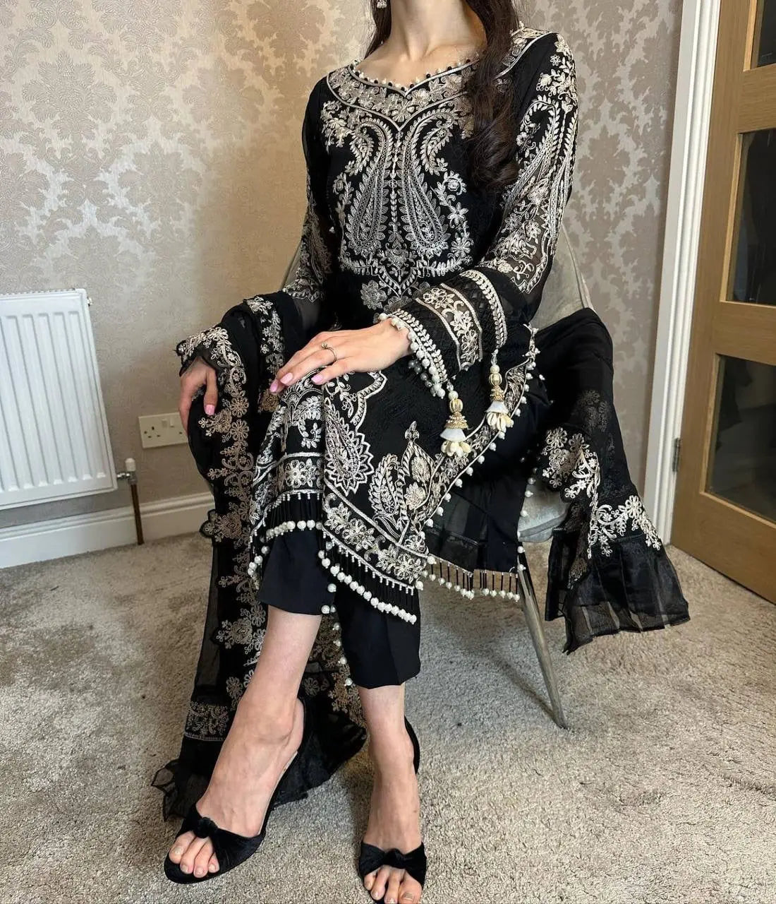 Georgette Zari Embroidery work Long Kurti Palazzo Dupatta Set