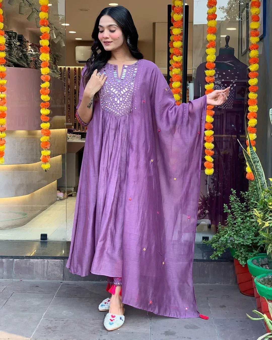 Mal Chanderi Silk Mirror work Alia Cut Kurti Palazzo Dupatta Set (Stitched)