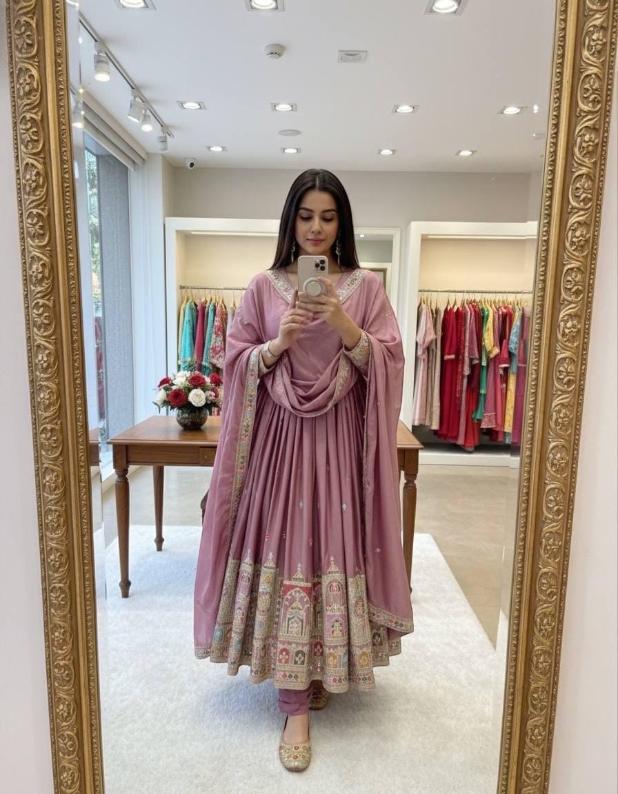 Chinon Silk Embroidery Work Gown Dupatta Pant Set