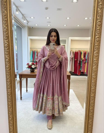Chinon Silk Embroidery Work Gown Dupatta Pant Set