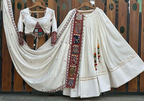 Gamthi Kodi Work White Concept Navratri Special Chaniya Choli