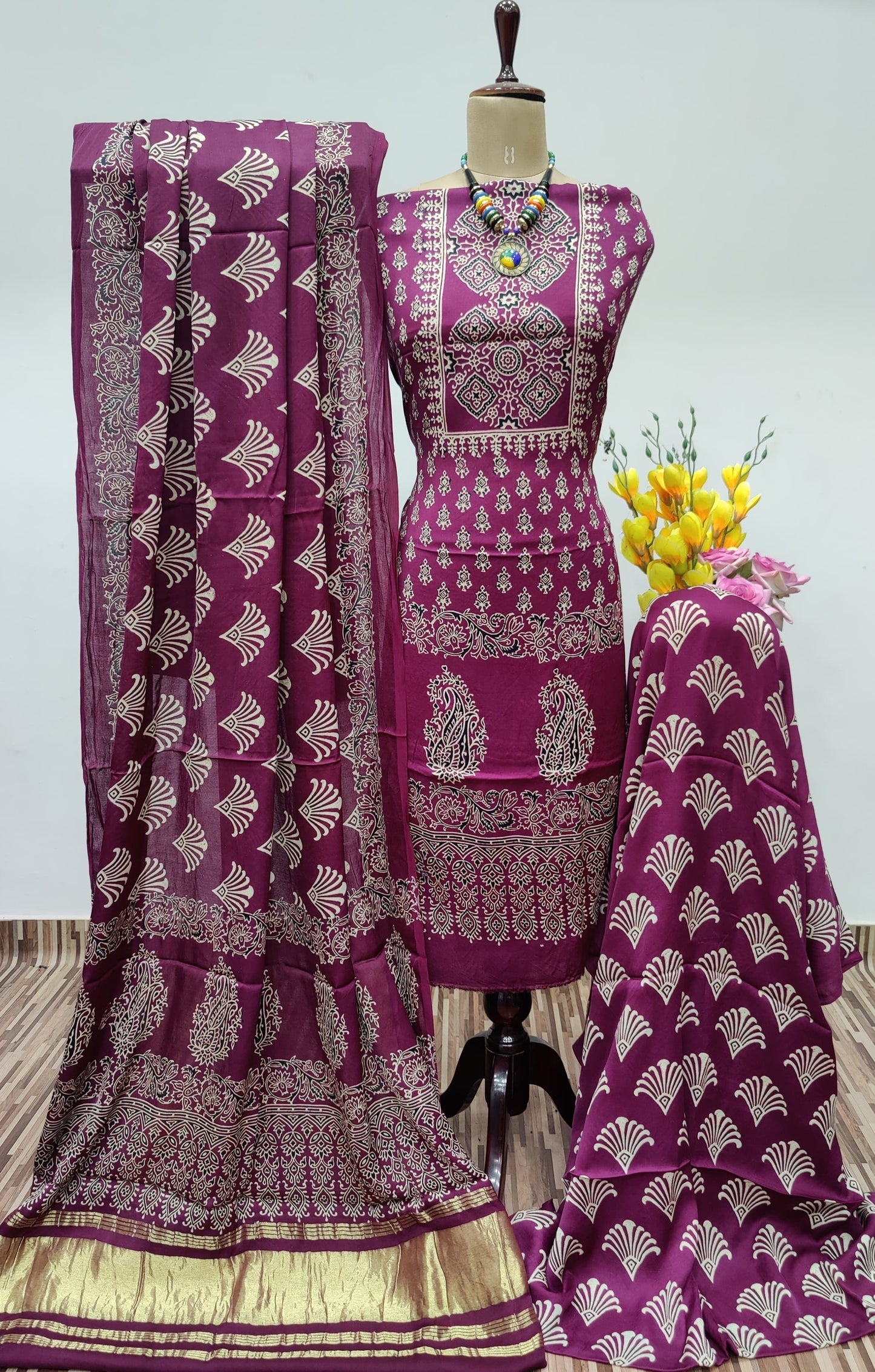 Modal Ghazi Silk Ajrakh Print Dress Material (Unstitched)