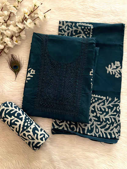 Lakhnavi Thread Work Block Print Batik Dress Material (Unstitched)