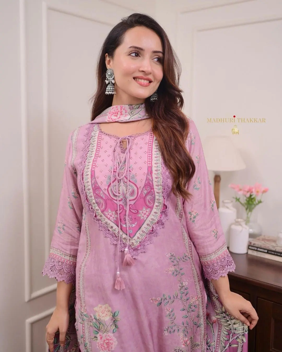 Lilac Muslin Floral Digital Printed Pakistani Kurti Pant Dupatta Set