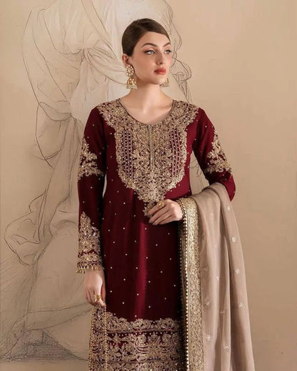 Georgette Sequence work Party Wear Kurti Sharara Dupatta Set