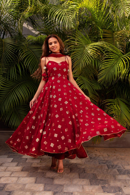 Georgette Blooming Flare Golden embroidery work Kurti Dupatta Set