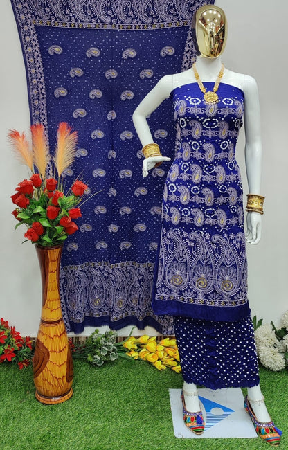 Modal Ghazi Silk Lakhnavi work Bandhani Salwar Material