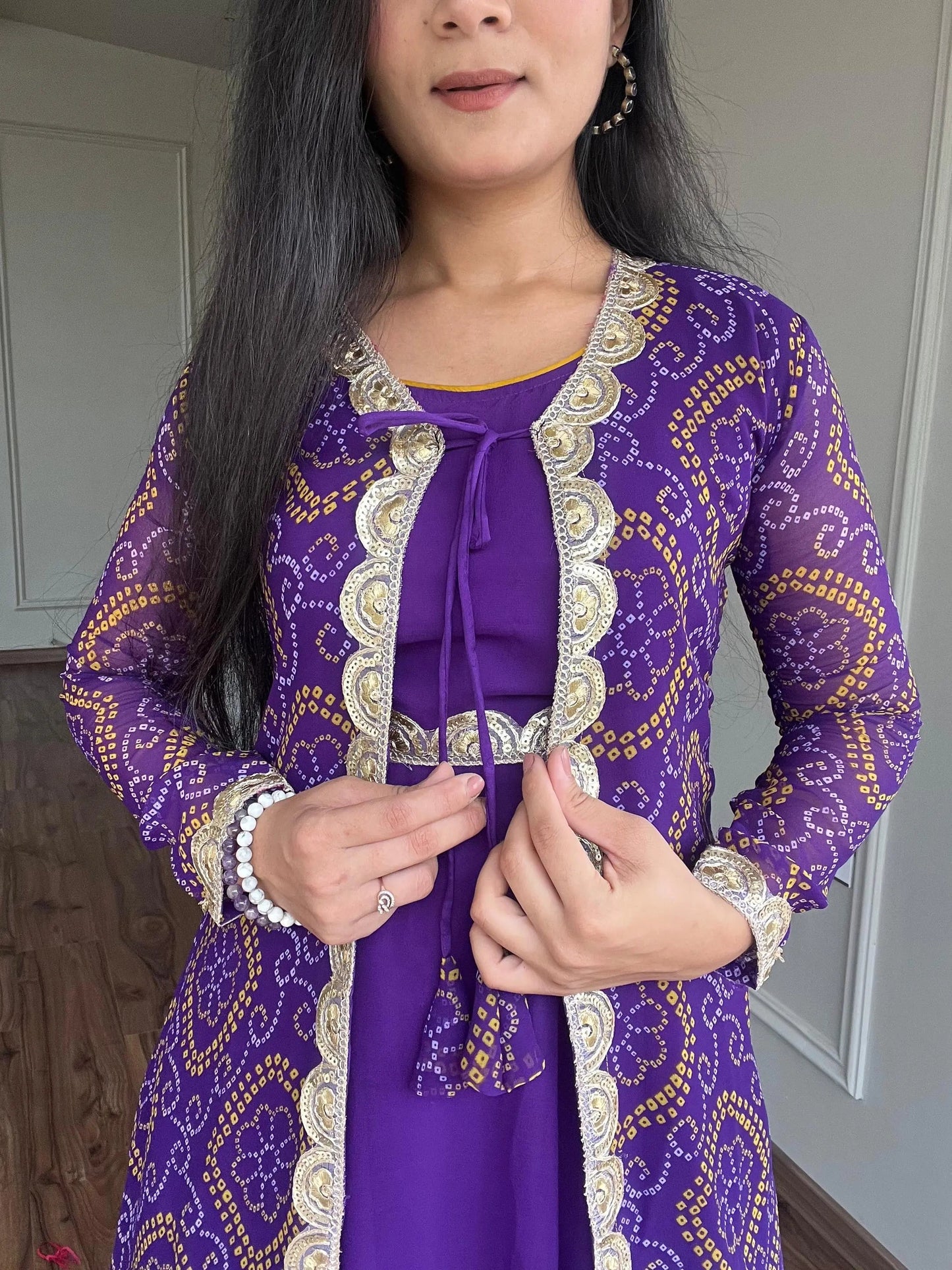 Faux Georgette Bandhani Print Gown Shrug Set
