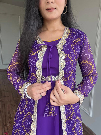 Faux Georgette Bandhani Print Gown Shrug Set