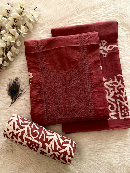 Lakhnavi Thread Work Block Print Batik Dress Material (Unstitched)