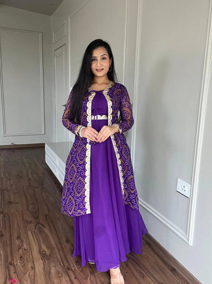 Faux Georgette Bandhani Print Gown Shrug Set