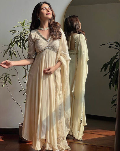 Faux Georgette Chikankari With Mirror Work Designer Anarkali Flair Gown Dupatta Set