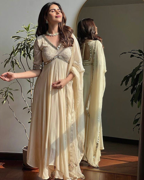 Faux Georgette Chikankari With Mirror Work Designer Anarkali Flair Gown Dupatta Set