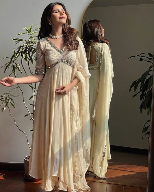 Faux Georgette Chikankari With Mirror Work Designer Anarkali Flair Gown Dupatta Set