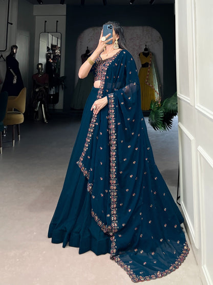 Georgette Sequence Hand Thread Embroidery Work Designer Chaniya Choli Dupatta (Ready to Wear)