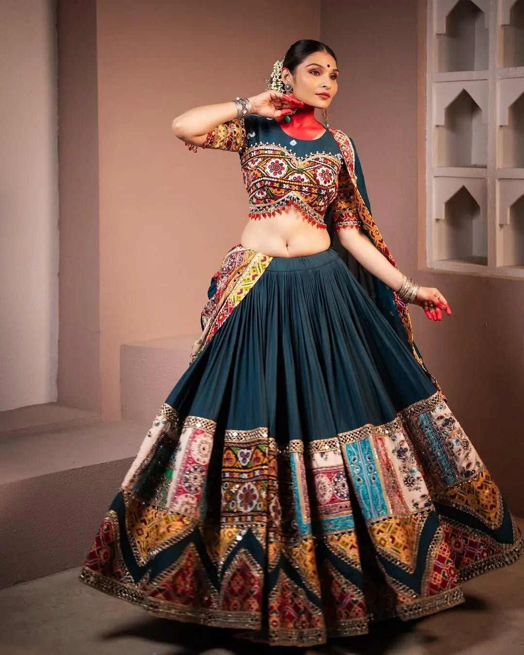 Ethenika Exclusive Heavy Muslin Digital Print with Mirror Work Navratri Special Designer Chaniya Choli