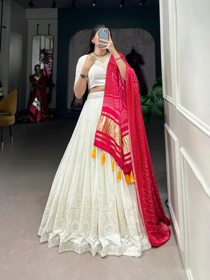 Ethenika Originals Georgette Lakhnavi Mirror work White Concept Chaniya Choli