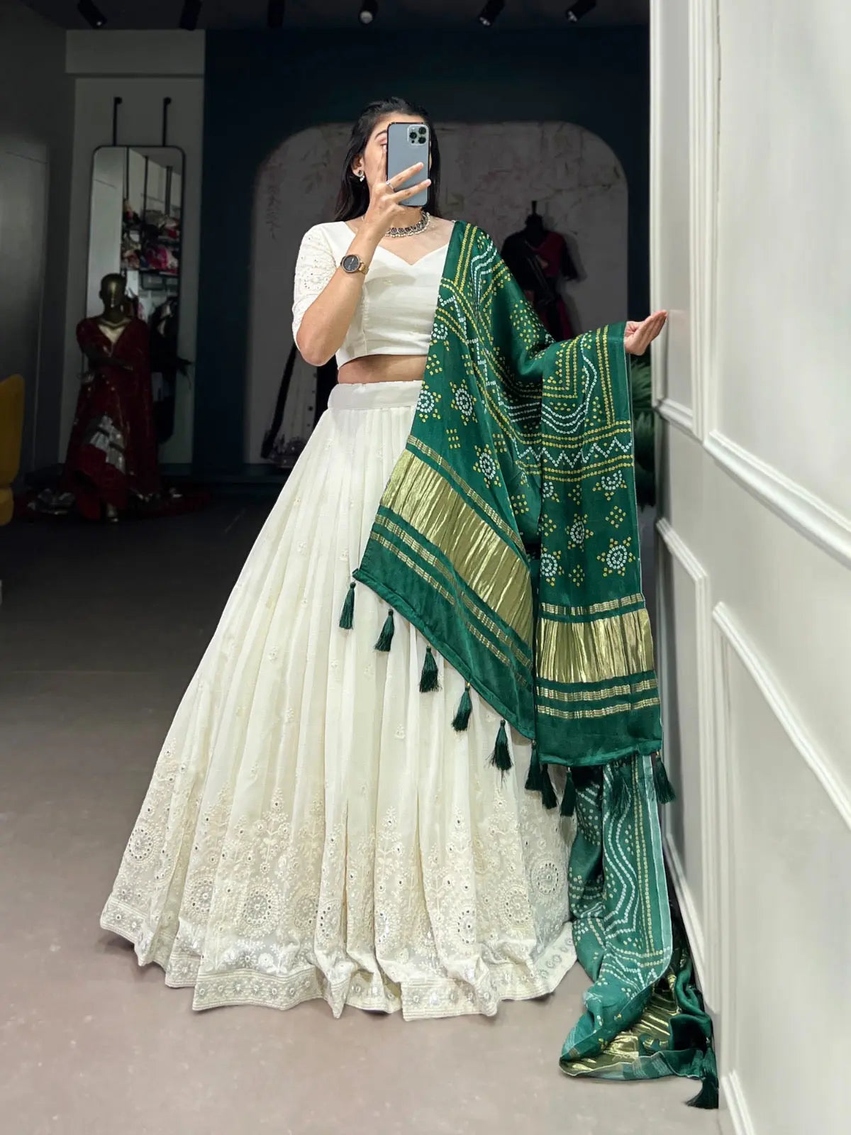 Ethenika Originals Georgette Lakhnavi Mirror work White Concept Chaniya Choli