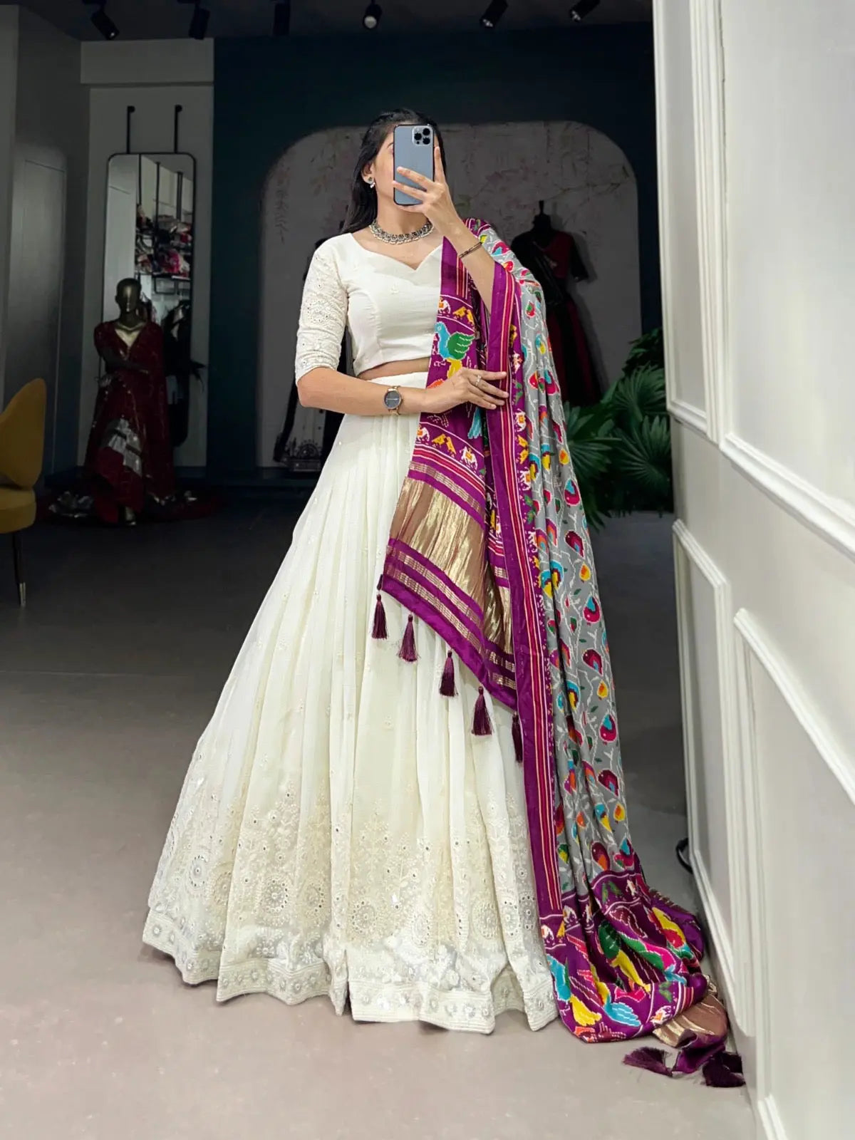 Ethenika Originals Georgette Lakhnavi Mirror work White Concept Chaniya Choli