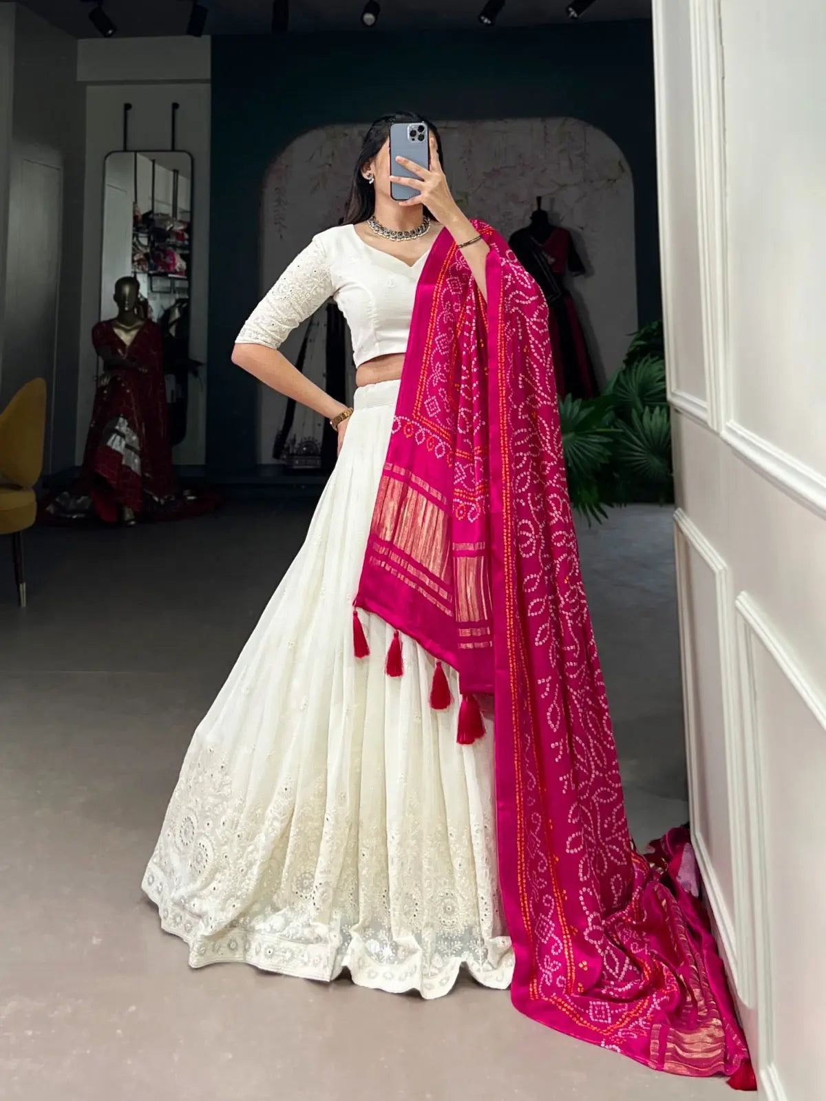 Ethenika Originals Georgette Lakhnavi Mirror work White Concept Chaniya Choli