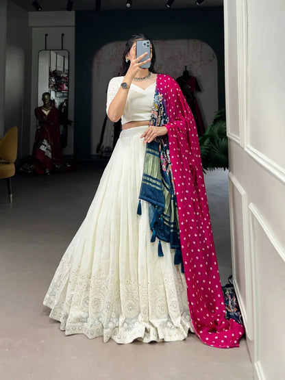 Ethenika Originals Georgette Lakhnavi Mirror work White Concept Chaniya Choli