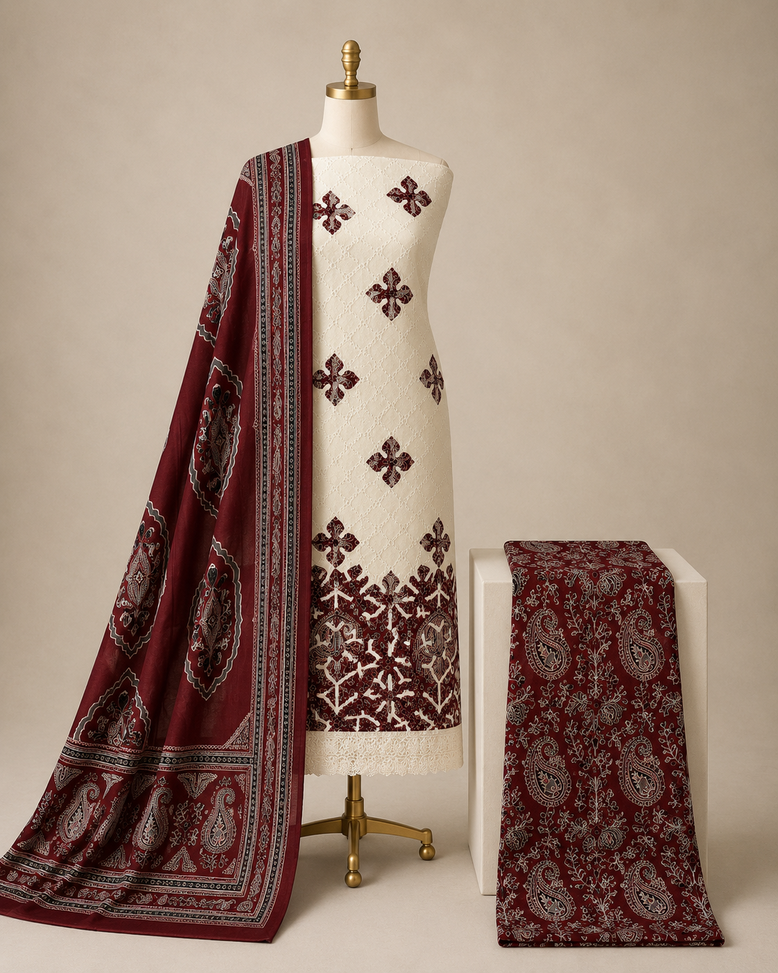 Hakoba Chikanwork with Ajrakh Block Print Summer 3Pc Cotton Dress Material