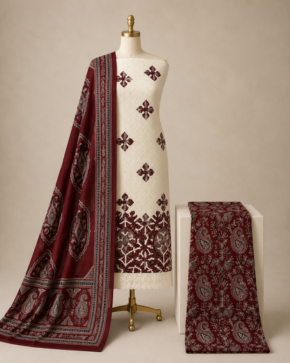 Hakoba Chikanwork with Ajrakh Block Print Summer 3Pc Cotton Dress Material