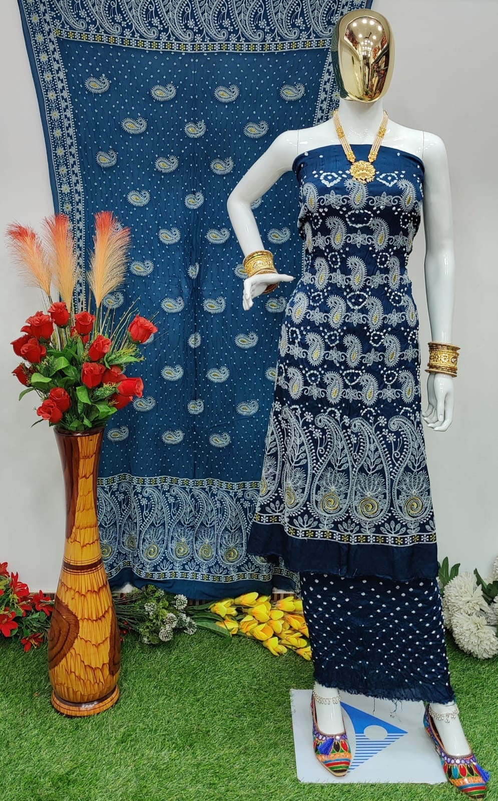 Modal Ghazi Silk Lakhnavi work Bandhani Salwar Material