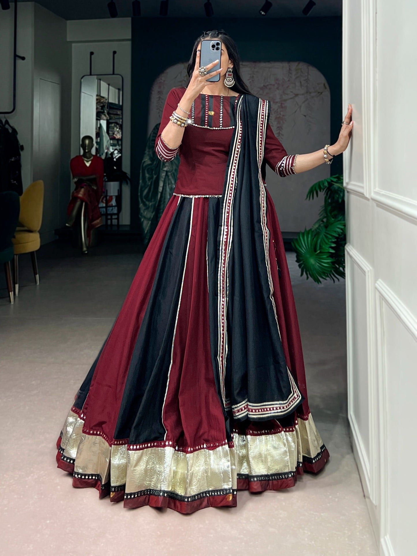 Chinon Golden Patta Work Designer Chaniya Choli Set – Ready to Wear, 6 Meter Flair