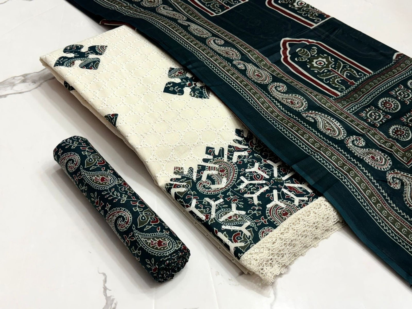 Hakoba Chikanwork with Ajrakh Block Print Summer 3Pc Cotton Dress Material
