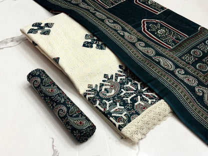 Hakoba Chikanwork with Ajrakh Block Print Summer 3Pc Cotton Dress Material