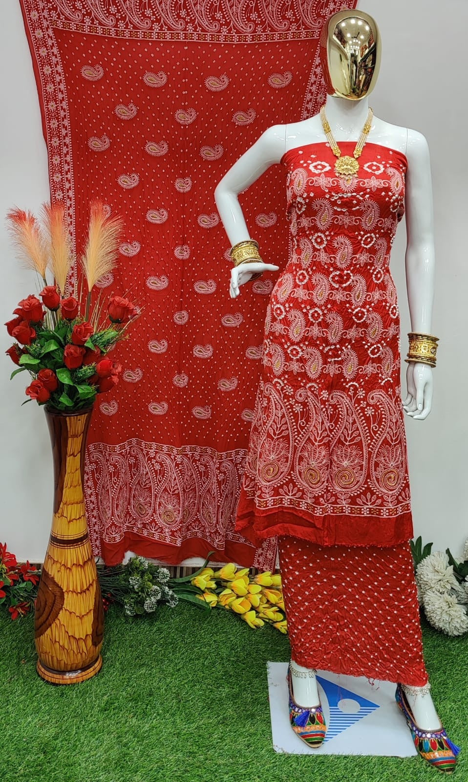 Modal Ghazi Silk Lakhnavi work Bandhani Salwar Material