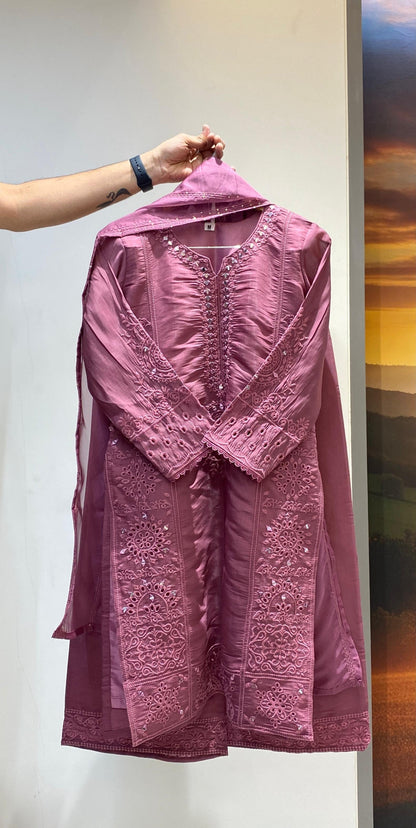 Mal Chanderi Real Mirror Work Designer 3Pc Kurti Pant Dupatta Set (Ready to Wear)