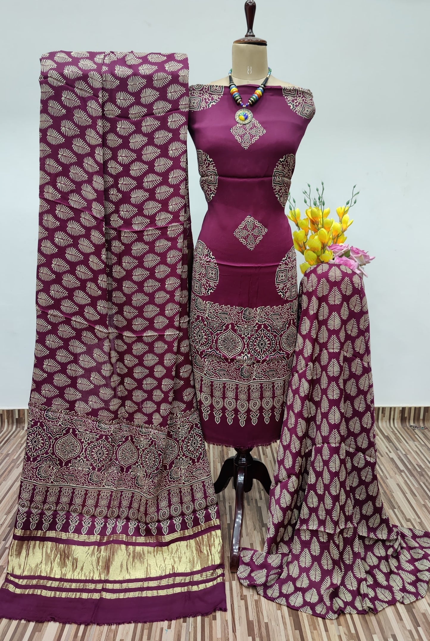Modal Ghazi Silk Ajrakh Print Dress Material (Unstitched)
