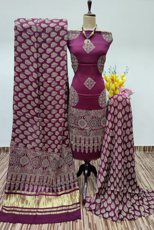 Modal Ghazi Silk Ajrakh Print Dress Material (Unstitched)