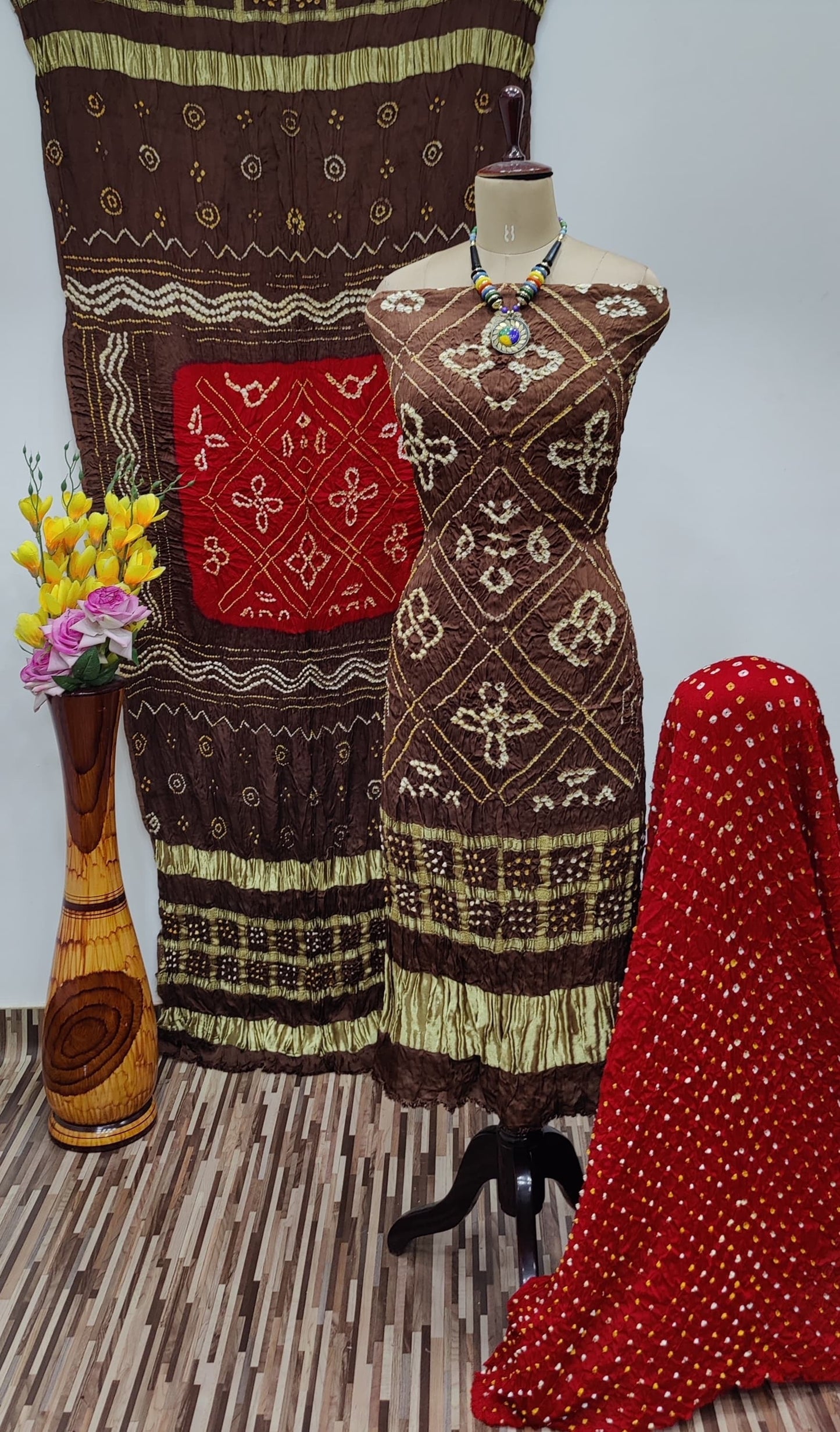 Modal Ghazi Silk Daman Work Barik Bandhej Bandhani Dress Material (Unstitched)