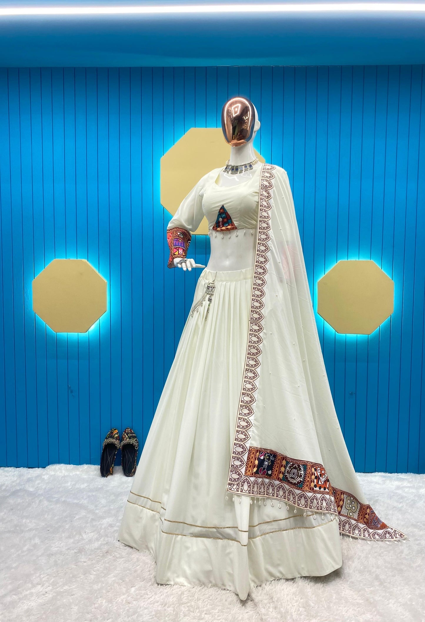 Gamthi Kodi Work White Concept Navratri Special Chaniya Choli