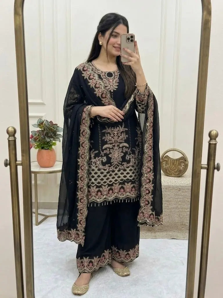 Faux Georgette Designer Embroidery Work Kurti Palazzo Dupatta Set