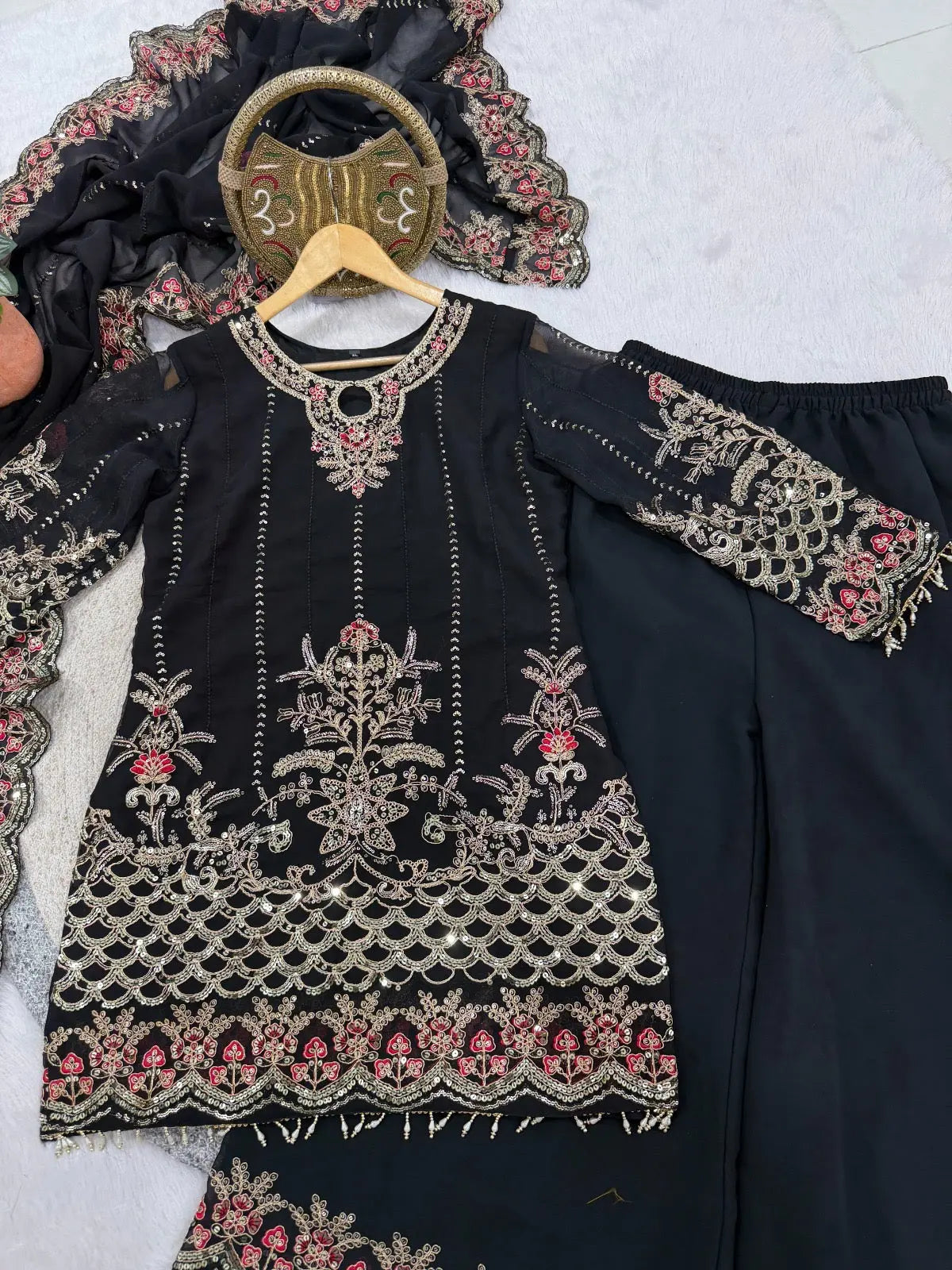 Faux Georgette Designer Embroidery Work Kurti Palazzo Dupatta Set