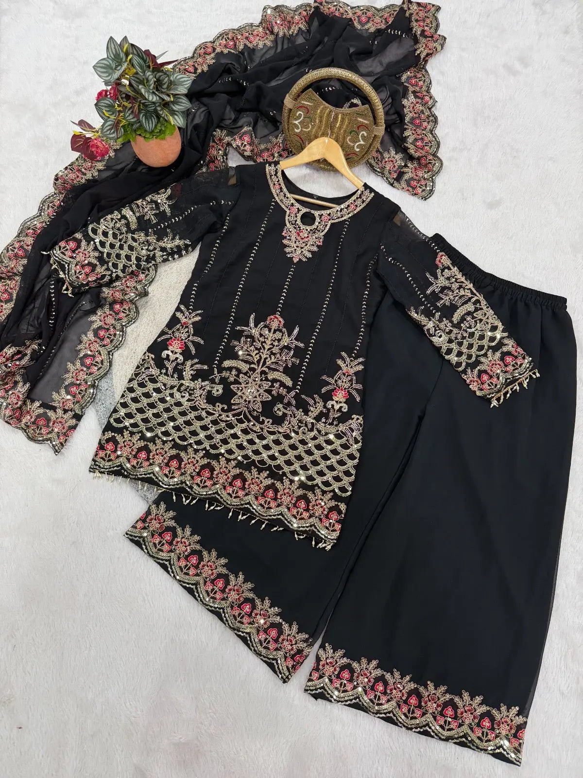 Faux Georgette Designer Embroidery Work Kurti Palazzo Dupatta Set
