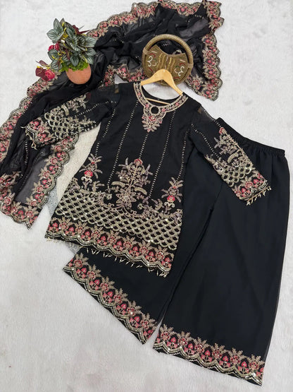 Faux Georgette Designer Embroidery Work Kurti Palazzo Dupatta Set