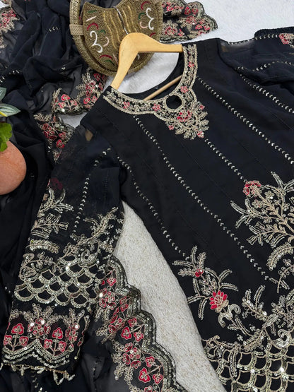 Faux Georgette Designer Embroidery Work Kurti Palazzo Dupatta Set