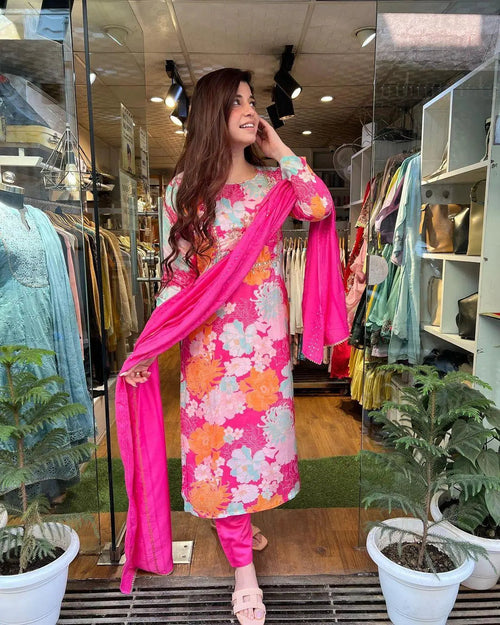 Floral Digital Print Kurti Pant Dupatta Set (Stitched)