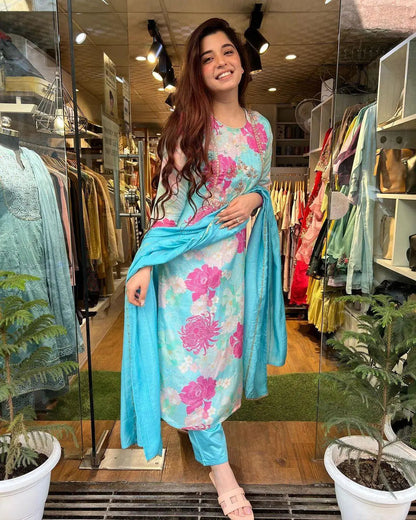 Floral Digital Print Kurti Pant Dupatta Set (Stitched)
