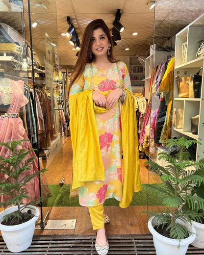 Floral Digital Print Kurti Pant Dupatta Set (Stitched)
